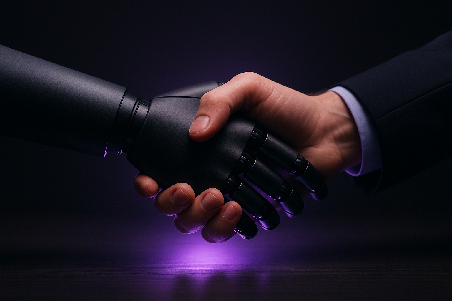A human and a robotic hand shaking hands: Veracy automates the work, you sign what matters.